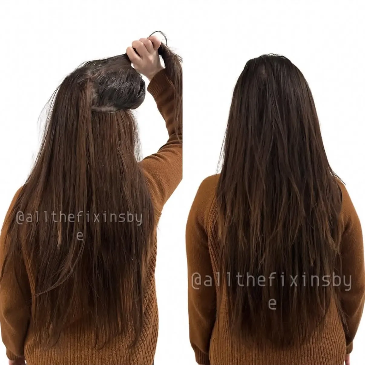 Woman from behind showing long dark brown hair, before and after hair treatment comparison