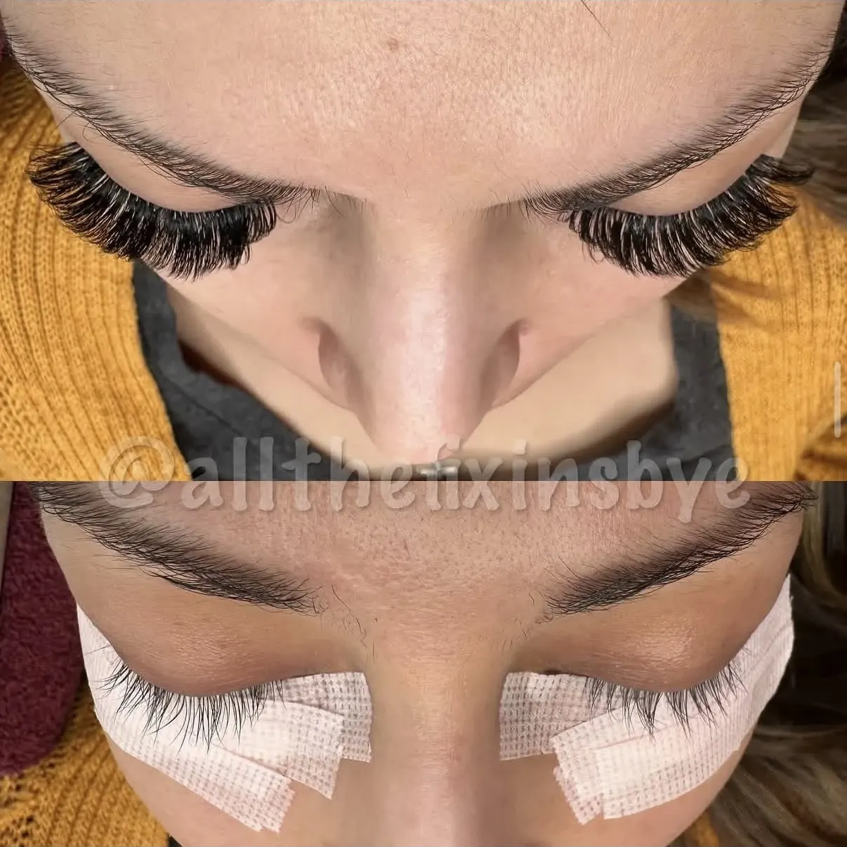 Before and after lash extension application showing fuller, darker lashes
