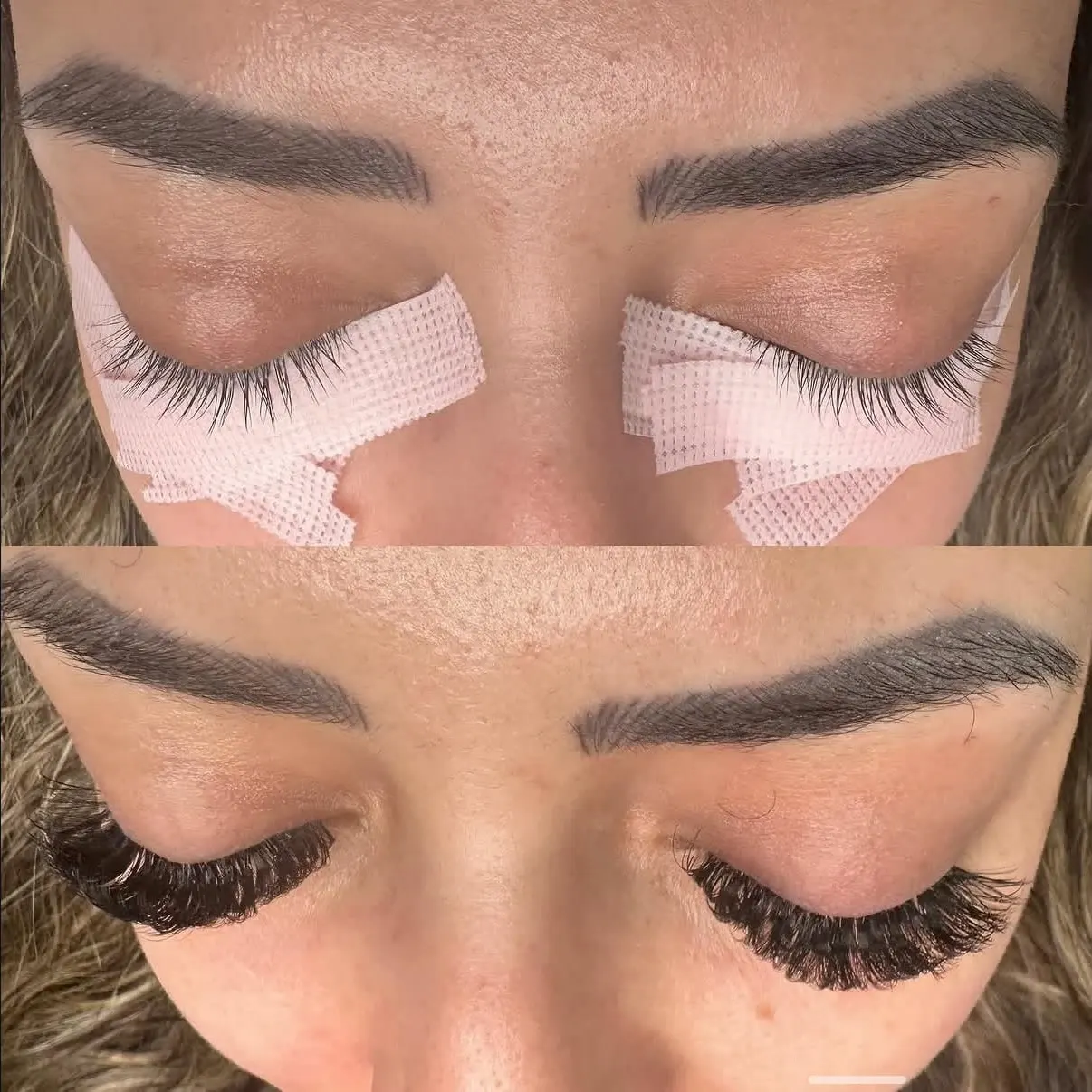 Before and after lash extension application showing natural and full lashes